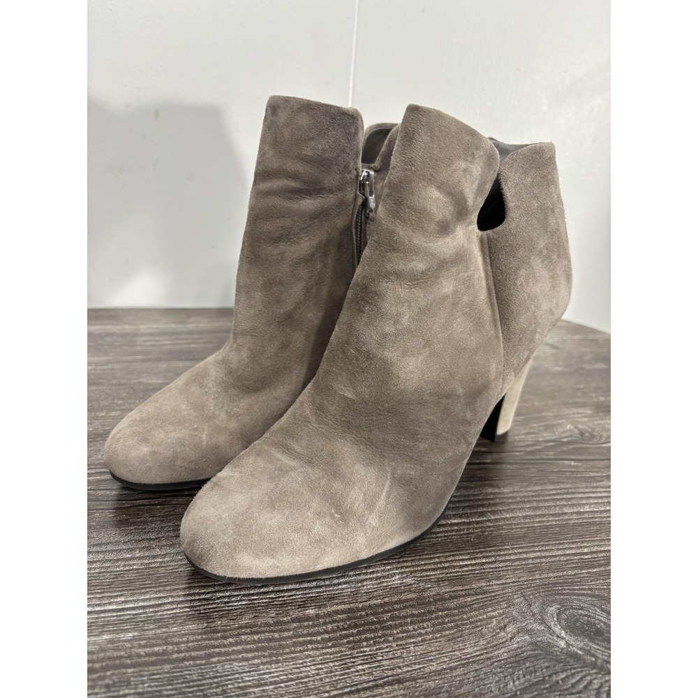 Sam Edelman Booties Womens Size 8.5 Beige Suede Ankle Zip Block Heel Round Toe